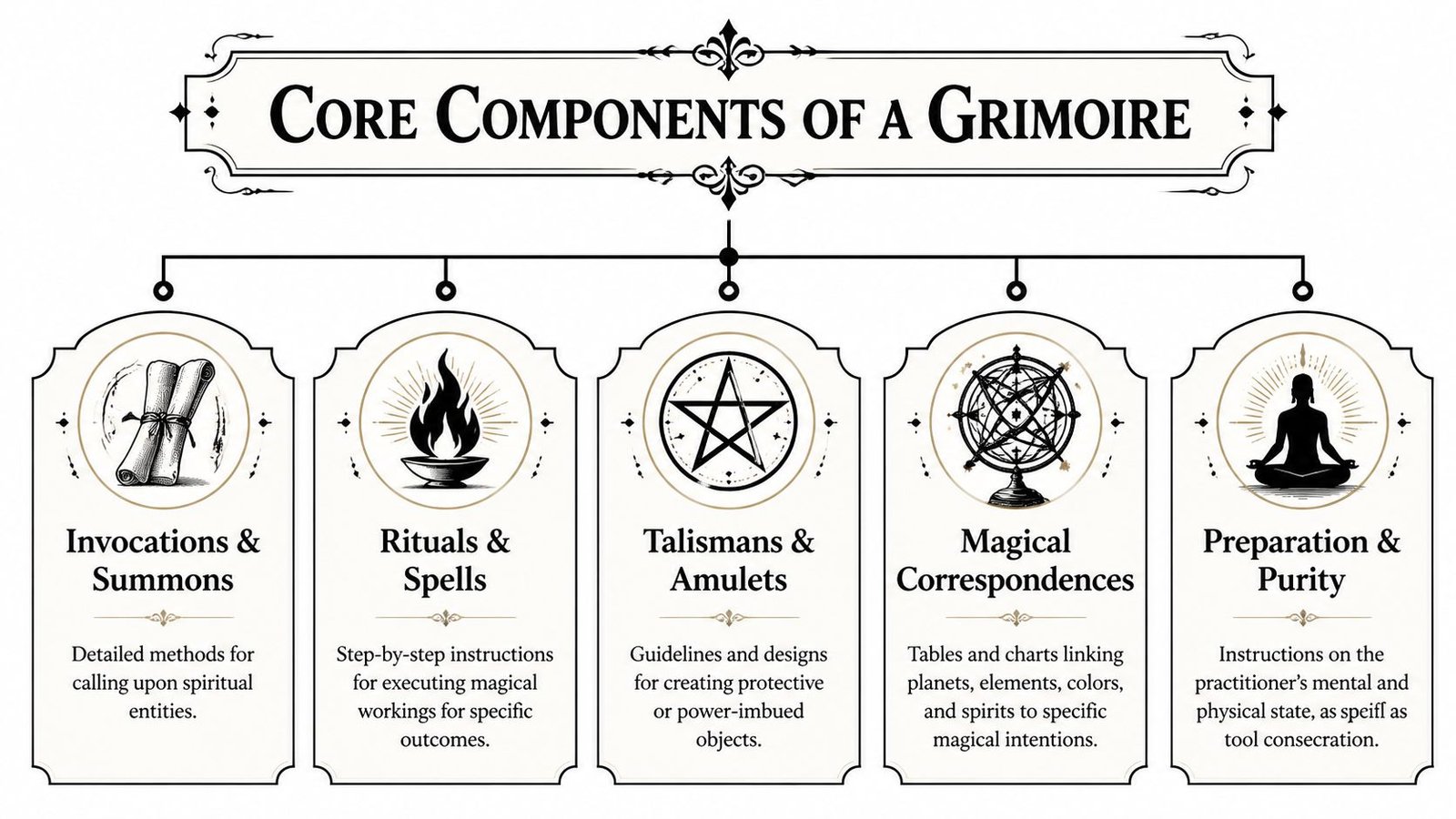A structured diagram titled Core Components of a Grimoire outlining five essential elements of magical practice.