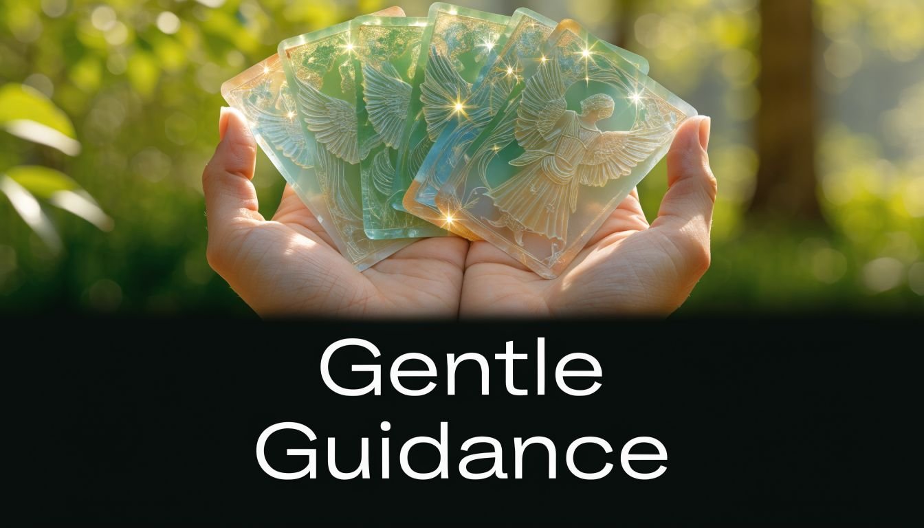 A person holding a fan of ethereal, translucent angel tarot cards against a soft, sunlit forest background.
