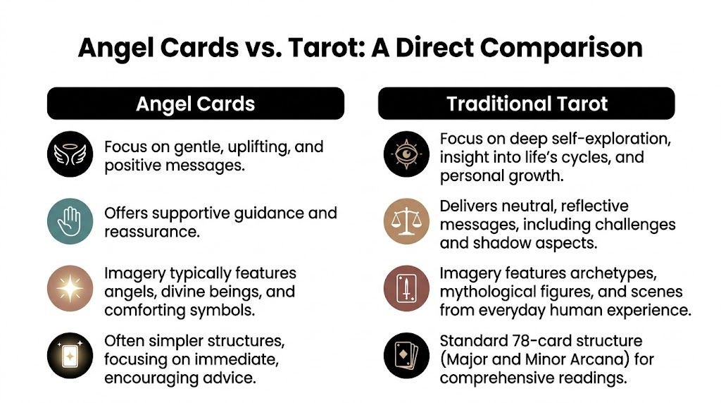 A comparison chart outlining the key differences between angel cards and traditional tarot card decks.