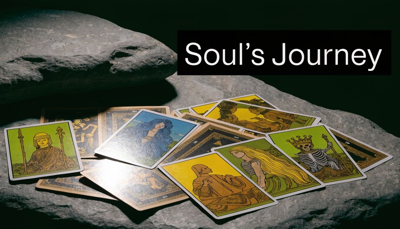 A spread of tarot cards featuring illustrated figures lies on a textured stone surface under dark lighting.