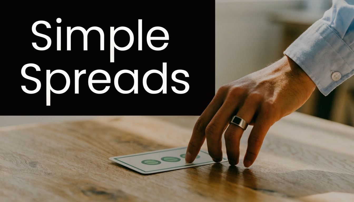 A hand wearing a ring moves a tarot card with green circles across a wooden table.