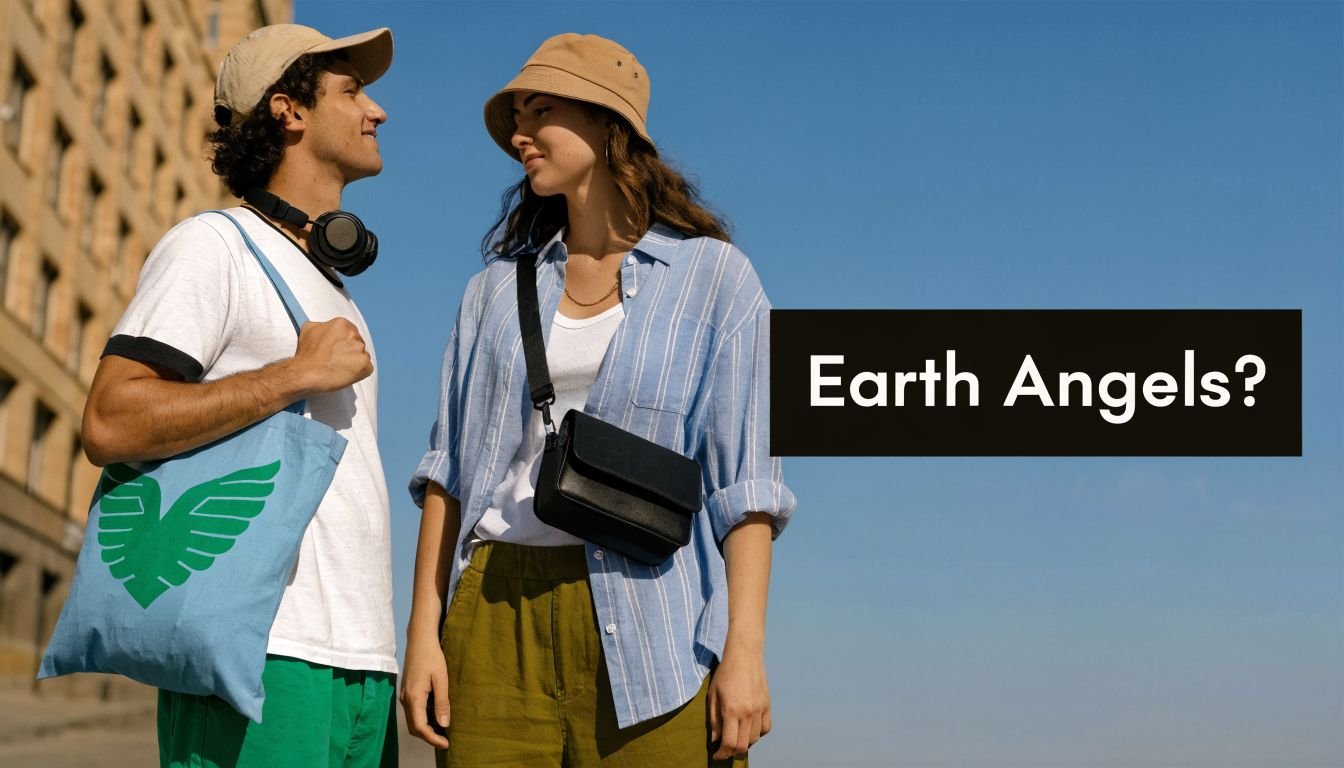 A young man and woman wearing casual clothes and hats, looking at each other outdoors.