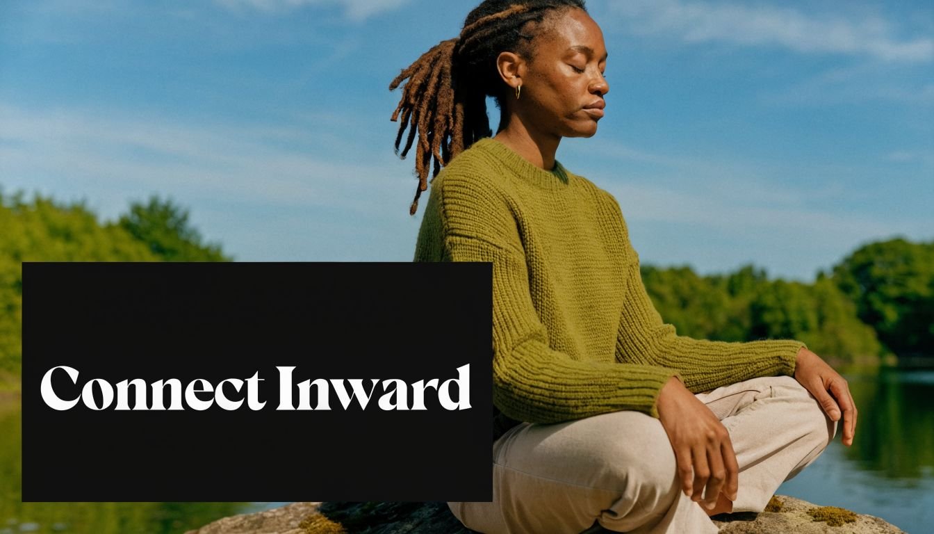 A woman with dreadlocks meditating while sitting on a rock by the water in nature.