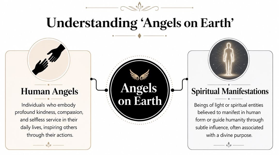 An infographic titled Understanding Angels on Earth explaining the two concepts of human angels and spiritual manifestations.