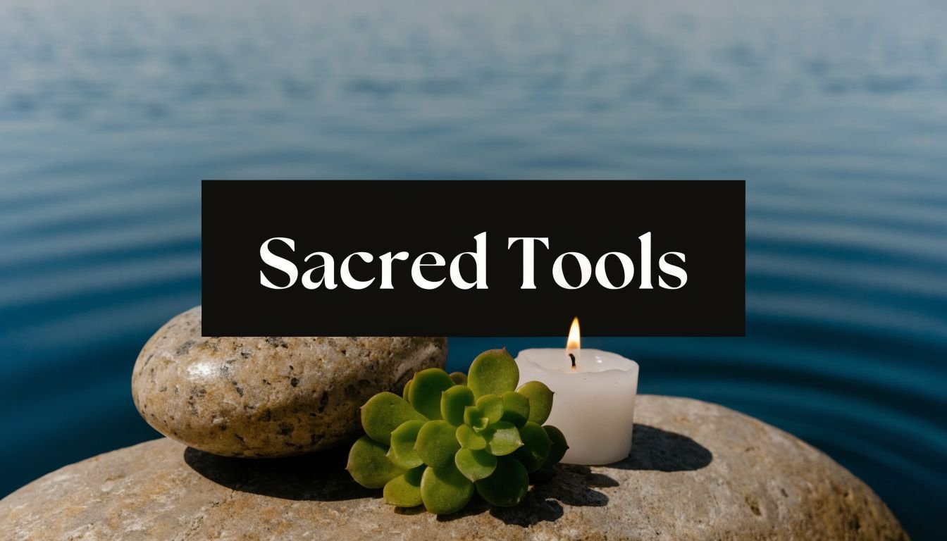 A succulent, a lit candle, and a smooth stone resting on a larger rock by water.