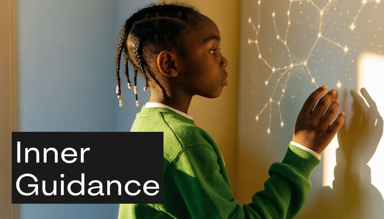 A young child wearing a green sweater touches a projected constellation map on a wall.