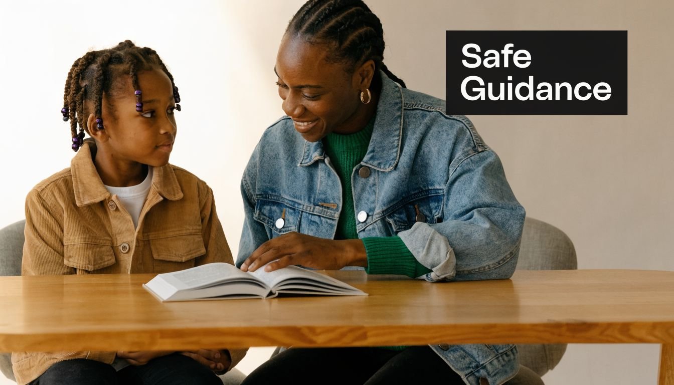 A Black woman helping a young girl study and read a book together at a wooden table.