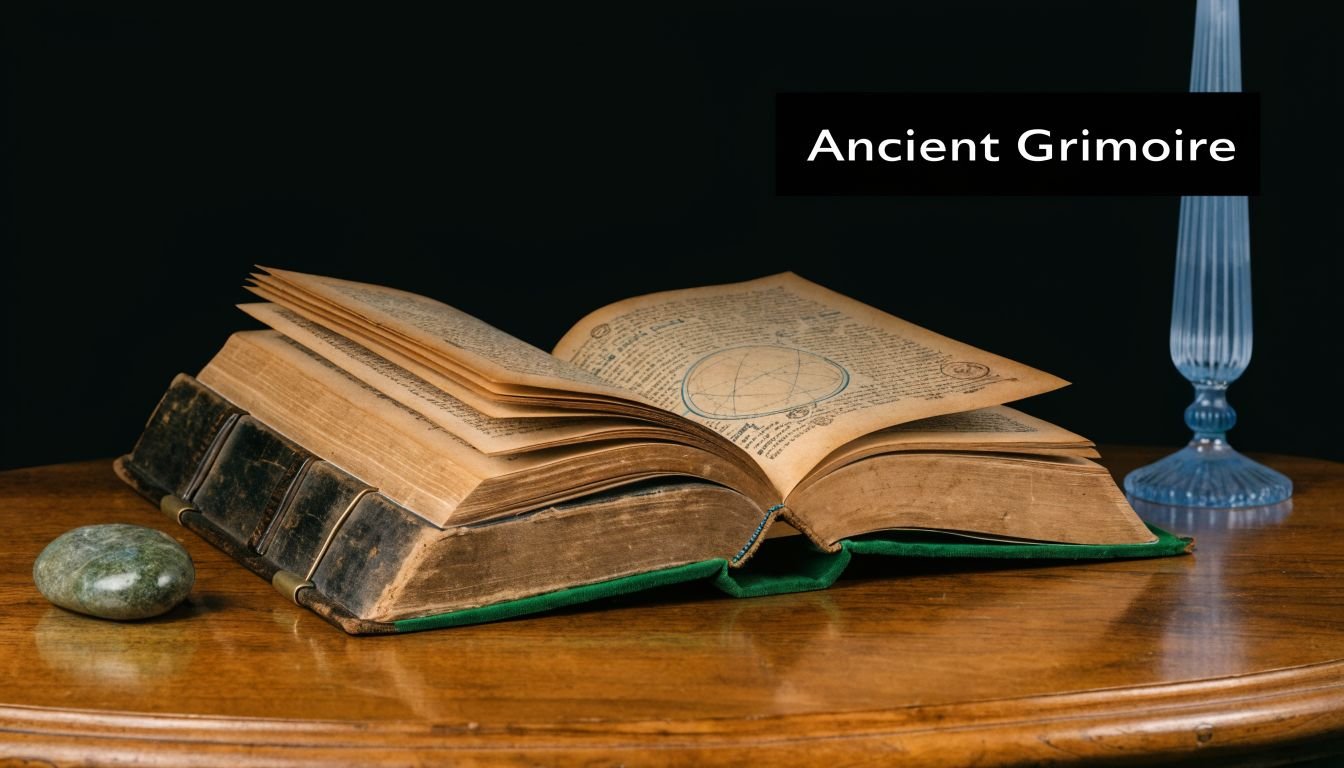 An open ancient grimoire with mystical symbols resting on a polished wooden table beside a crystal object.