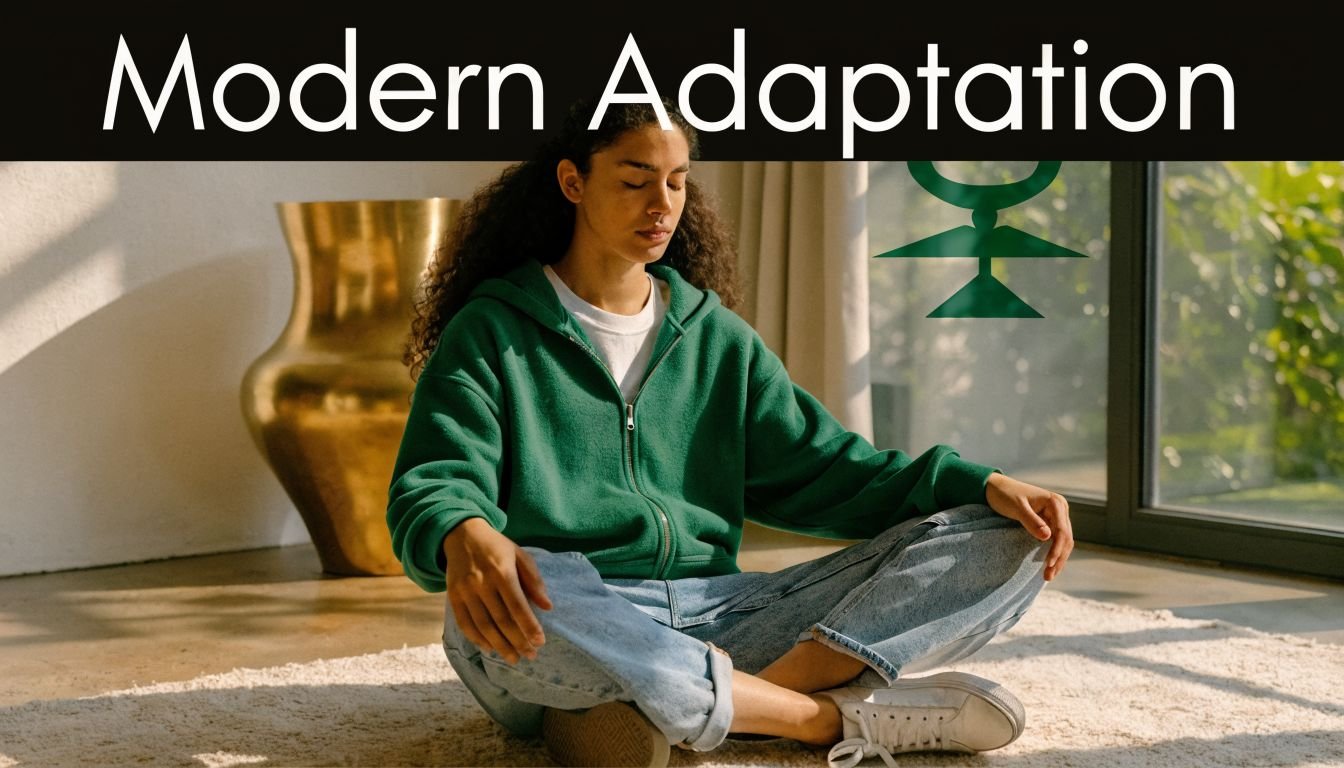 A woman sits cross-legged in meditation on a rug with a golden vase and a window nearby.