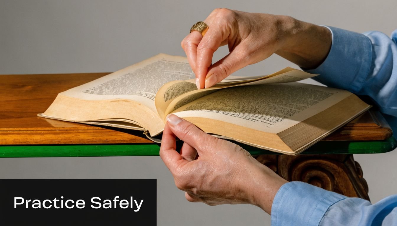A close-up view of hands turning the pages of an antique, leather-bound ceremonial magic book.