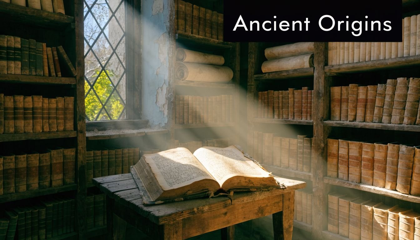 An open ancient book sits on a wooden table in a sunlit library filled with shelves of books.