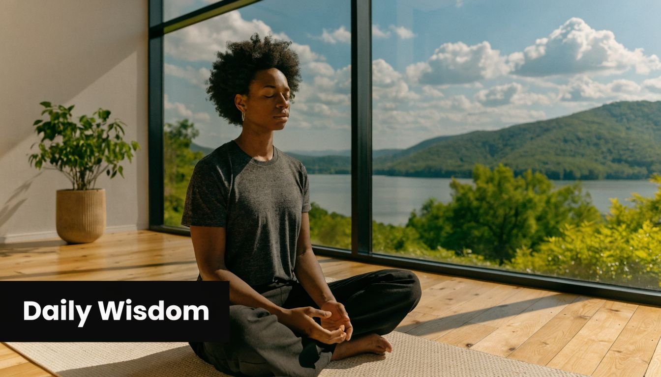 A person with natural hair sitting in a meditative pose in a room with large glass windows.