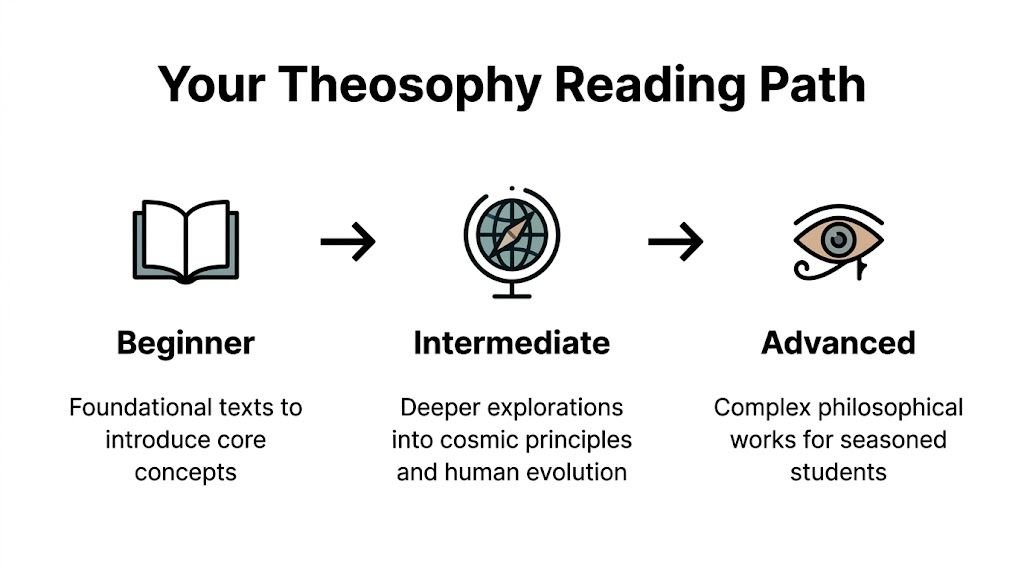 A visual guide illustrating a three-step reading path for theosophy from beginner to intermediate to advanced.
