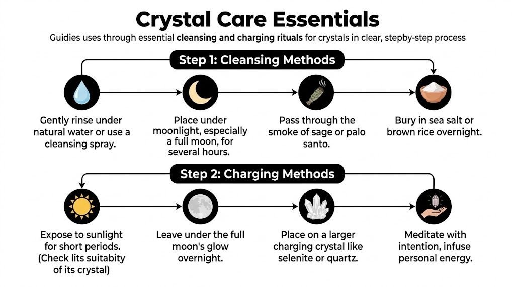 A step-by-step instructional infographic showing cleansing and charging methods for healing crystals using water, moonlight, and meditation.