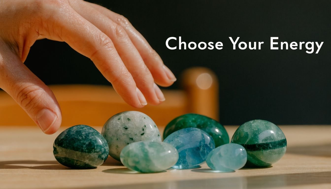 A hand reaching toward a collection of smooth, polished green and blue healing crystals on a table.