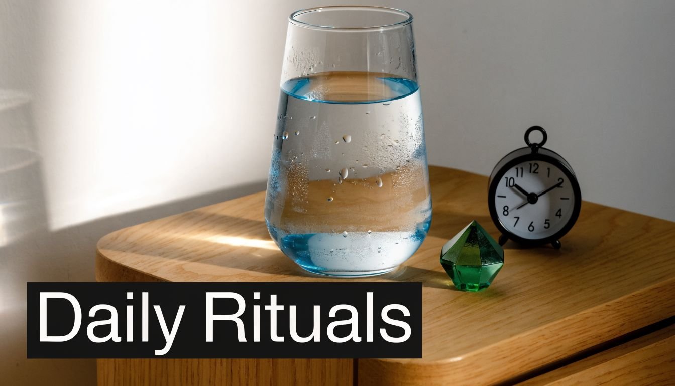 A glass of water next to a small green crystal and an alarm clock on a nightstand.