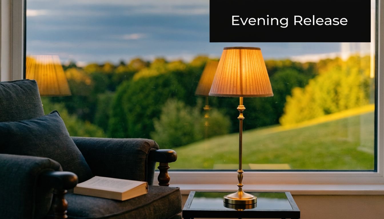 A cozy armchair with a book and a glowing lamp overlooking a beautiful green rolling landscape.