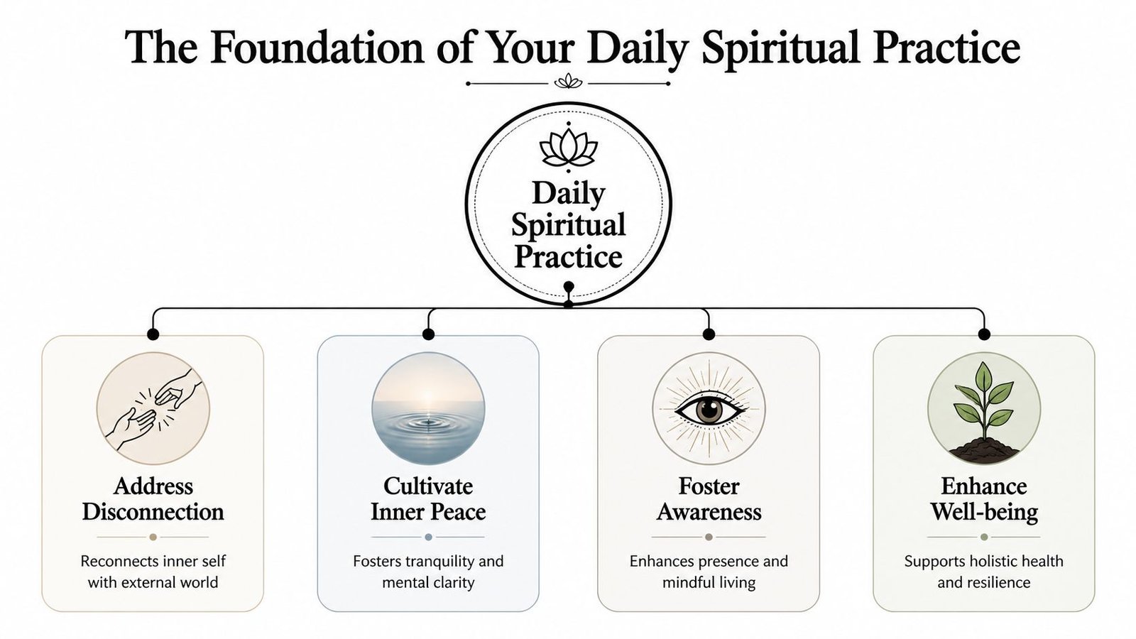 A diagram illustrating the four foundations of a daily spiritual practice, including connection, peace, awareness, and well-being.