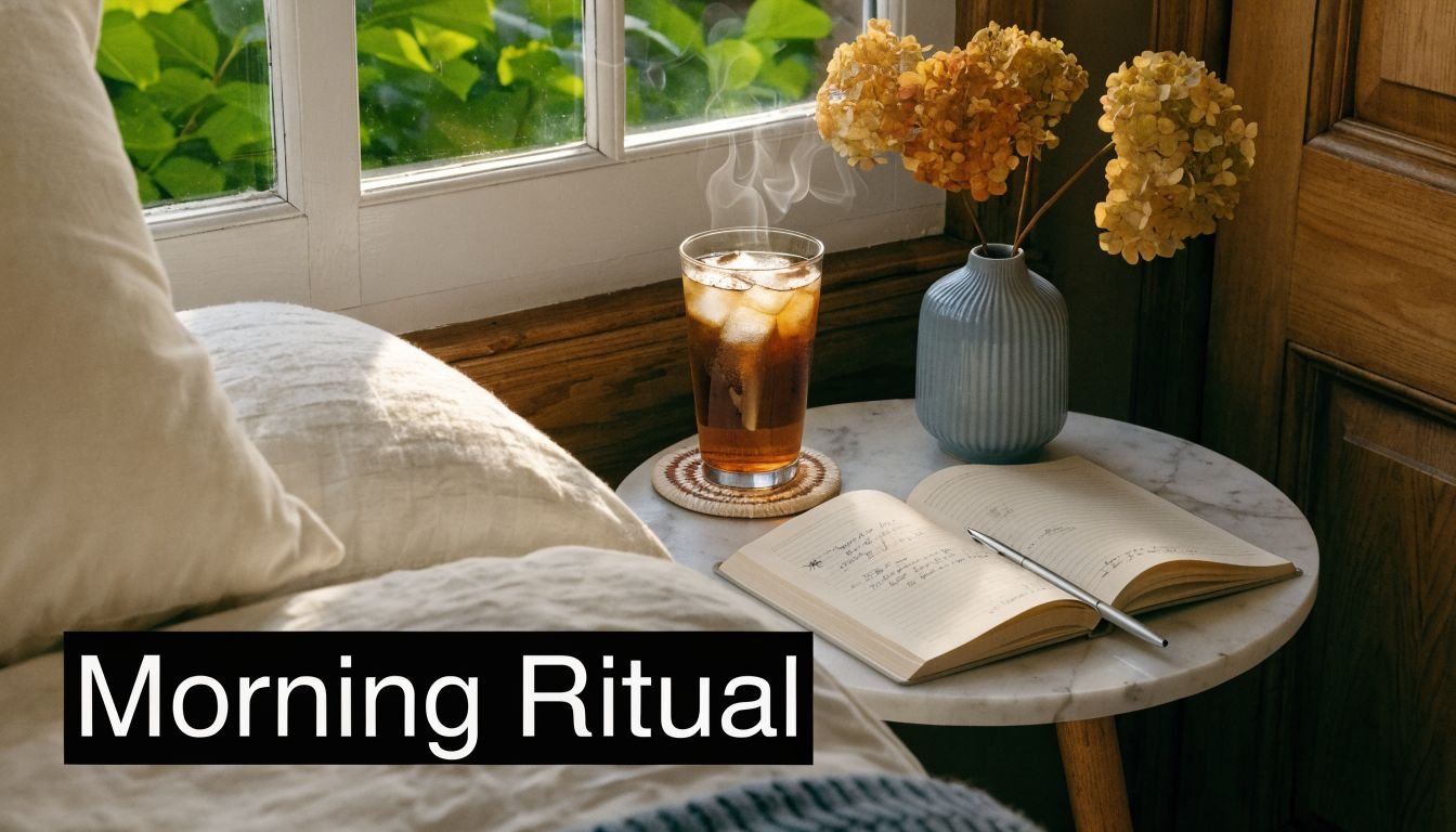 A serene morning setting with an iced drink, a journal, and flowers by a sunlit window.