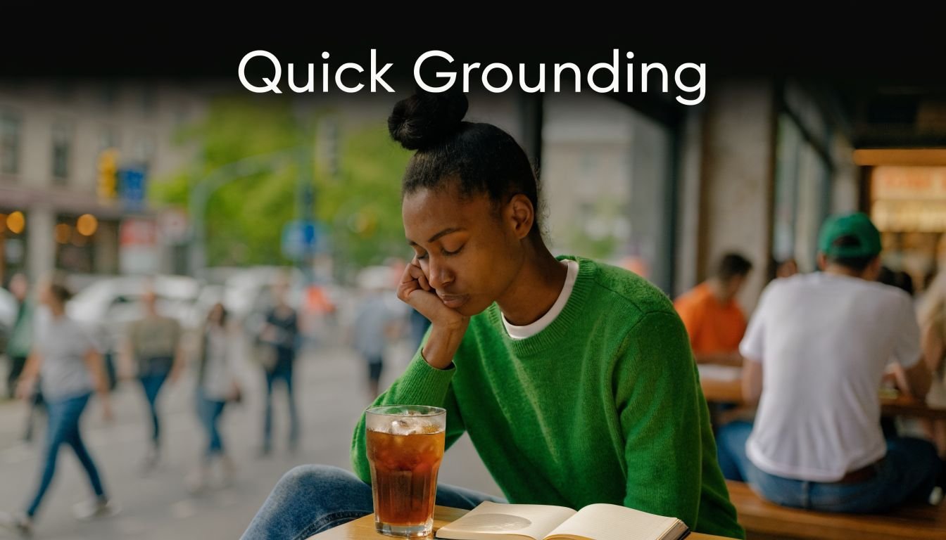 A young woman sits thoughtfully in a cafe, reading a book while enjoying an iced drink.