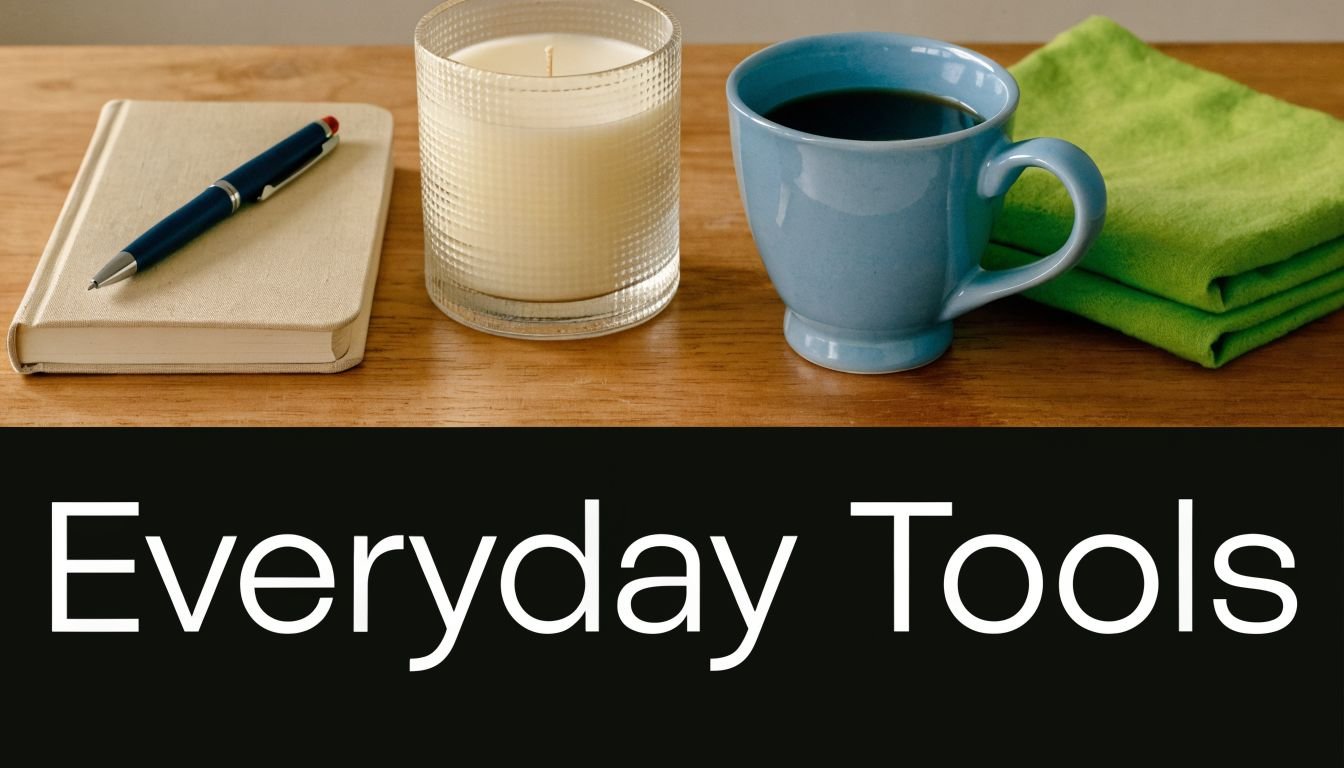 A notepad, pen, candle, and coffee mug arranged on a wooden surface with a green cloth.