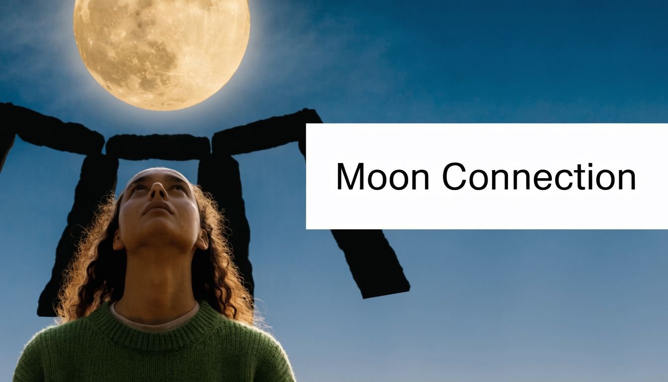 A young person looking up at a bright full moon hovering above ancient stone pillars.