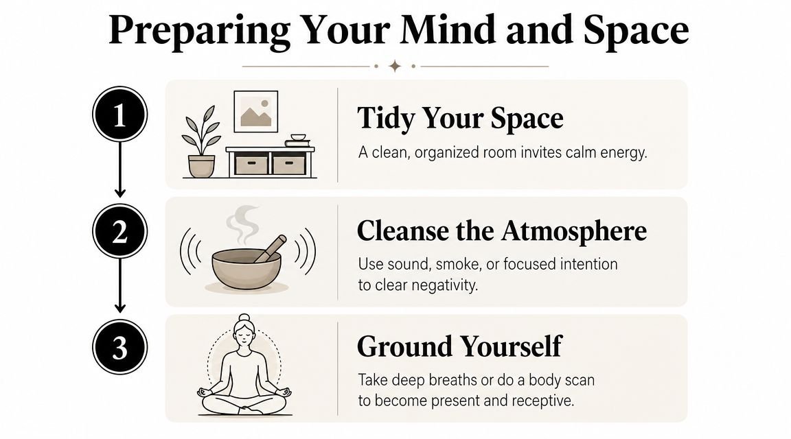 A three-step infographic on preparing your mind and space for a ritual or meditation practice.