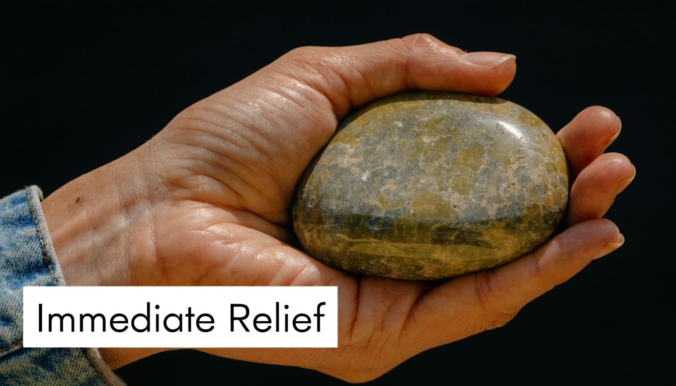 A hand holding a smooth, polished green stone against a dark background with the text Immediate Relief.