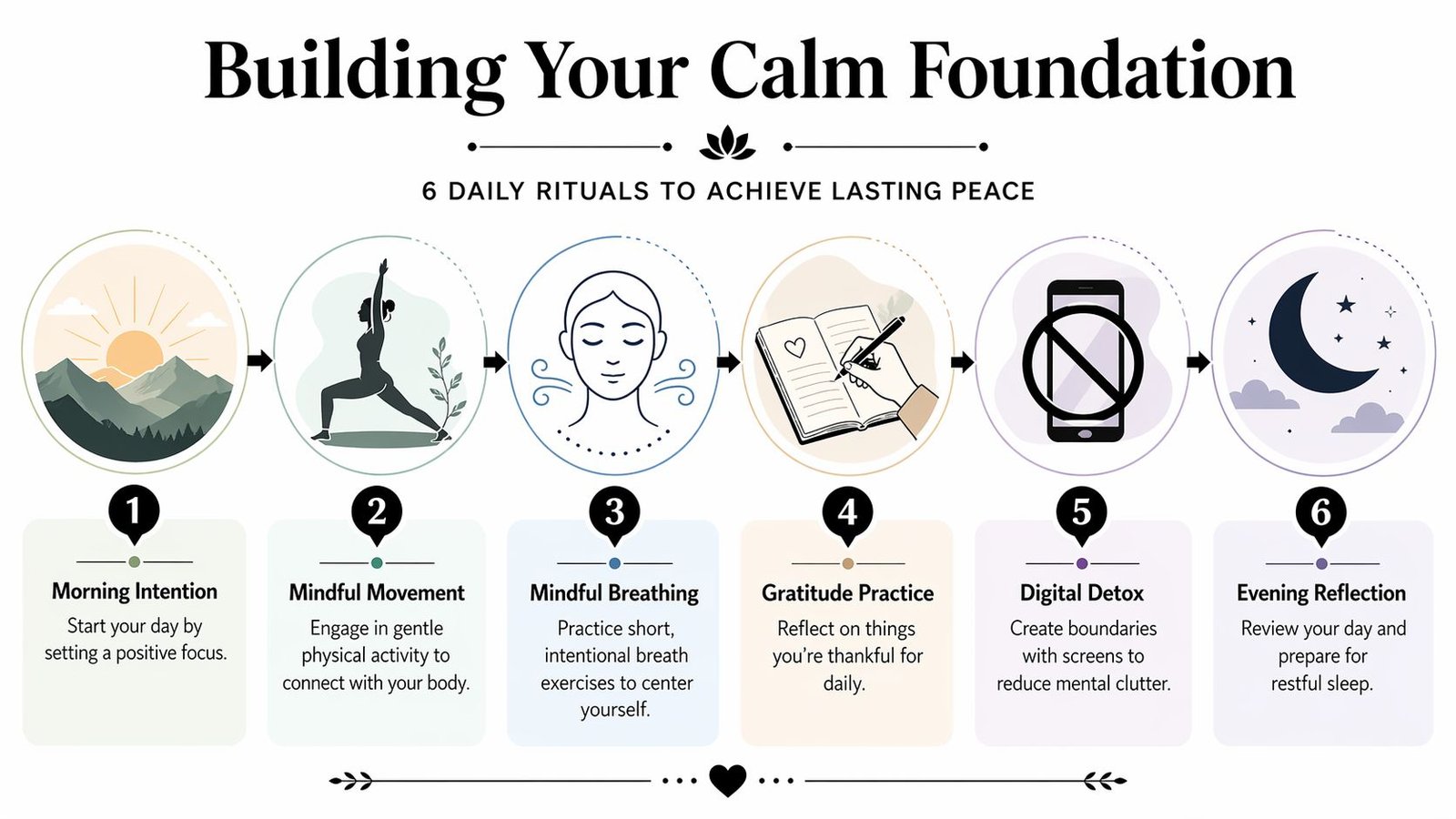 An infographic showing six daily rituals for building a calm foundation including movement and mindfulness practices.