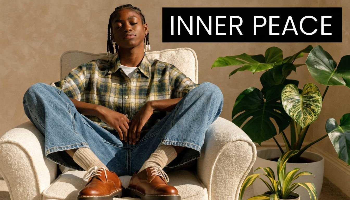 A relaxed person with braids sitting in a comfortable armchair, embodying the essence of inner peace.