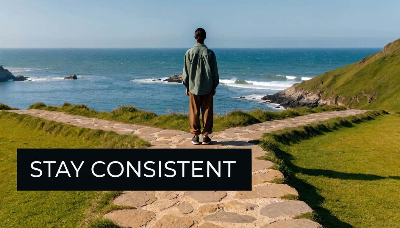 A person standing at a fork in a stone path overlooking the ocean with text overlay
