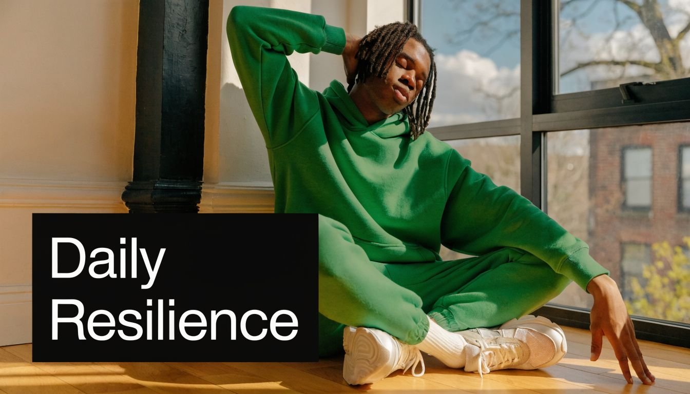 A young man with dreadlocks sitting on a wooden floor in a green tracksuit practicing mindful meditation.