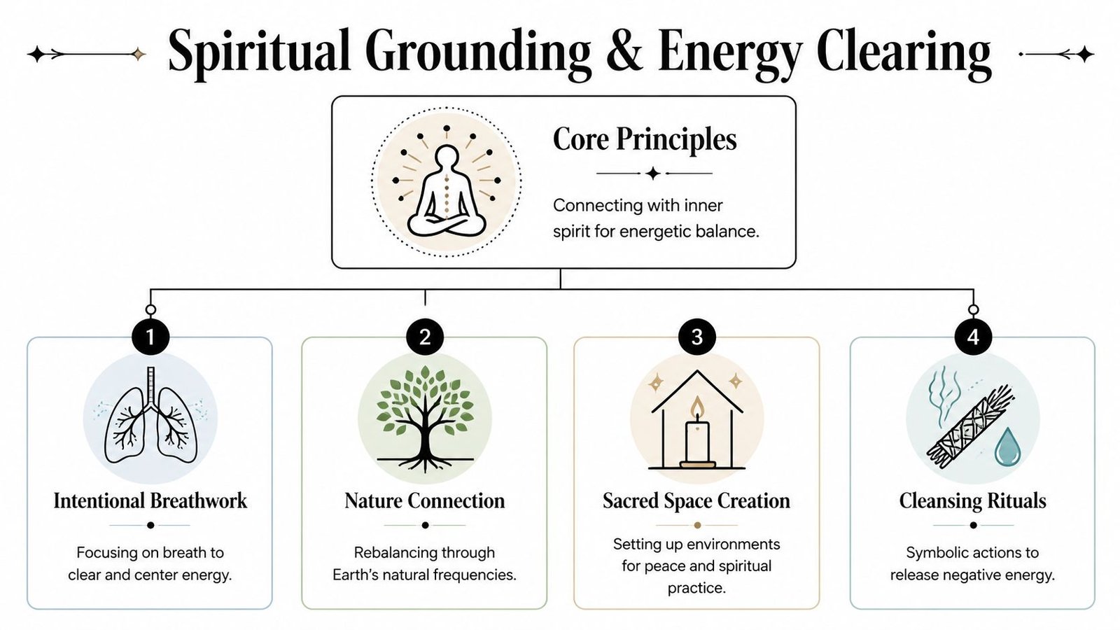 A diagram outlining core principles of spiritual grounding and energy clearing, including breathwork, nature, and sacred spaces.