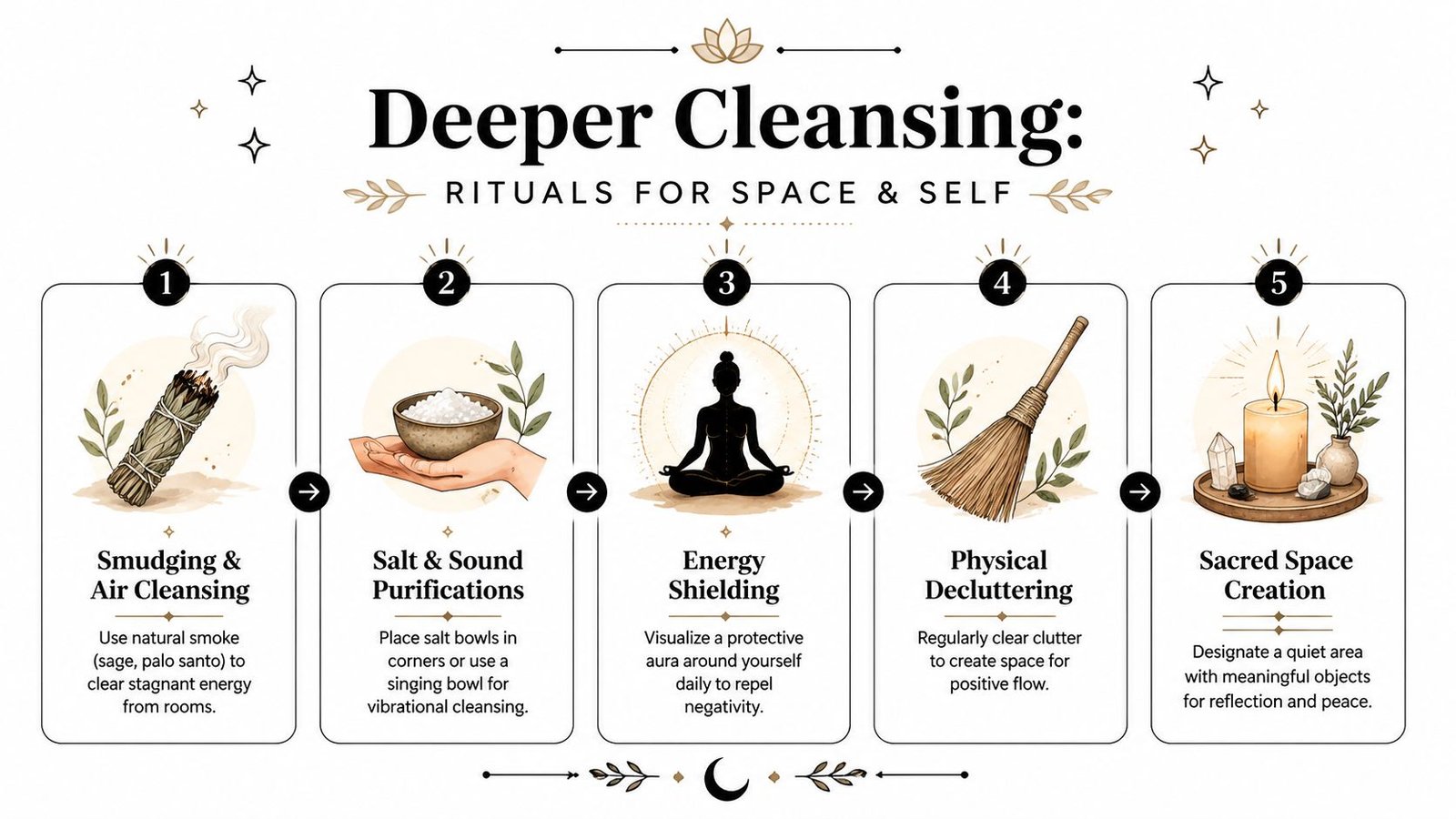 A spiritual infographic illustrating five step-by-step rituals for releasing negative energy, cleansing space, and self-care.