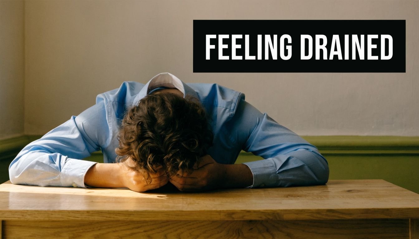A person in a light blue dress shirt sitting at a table with their head resting down