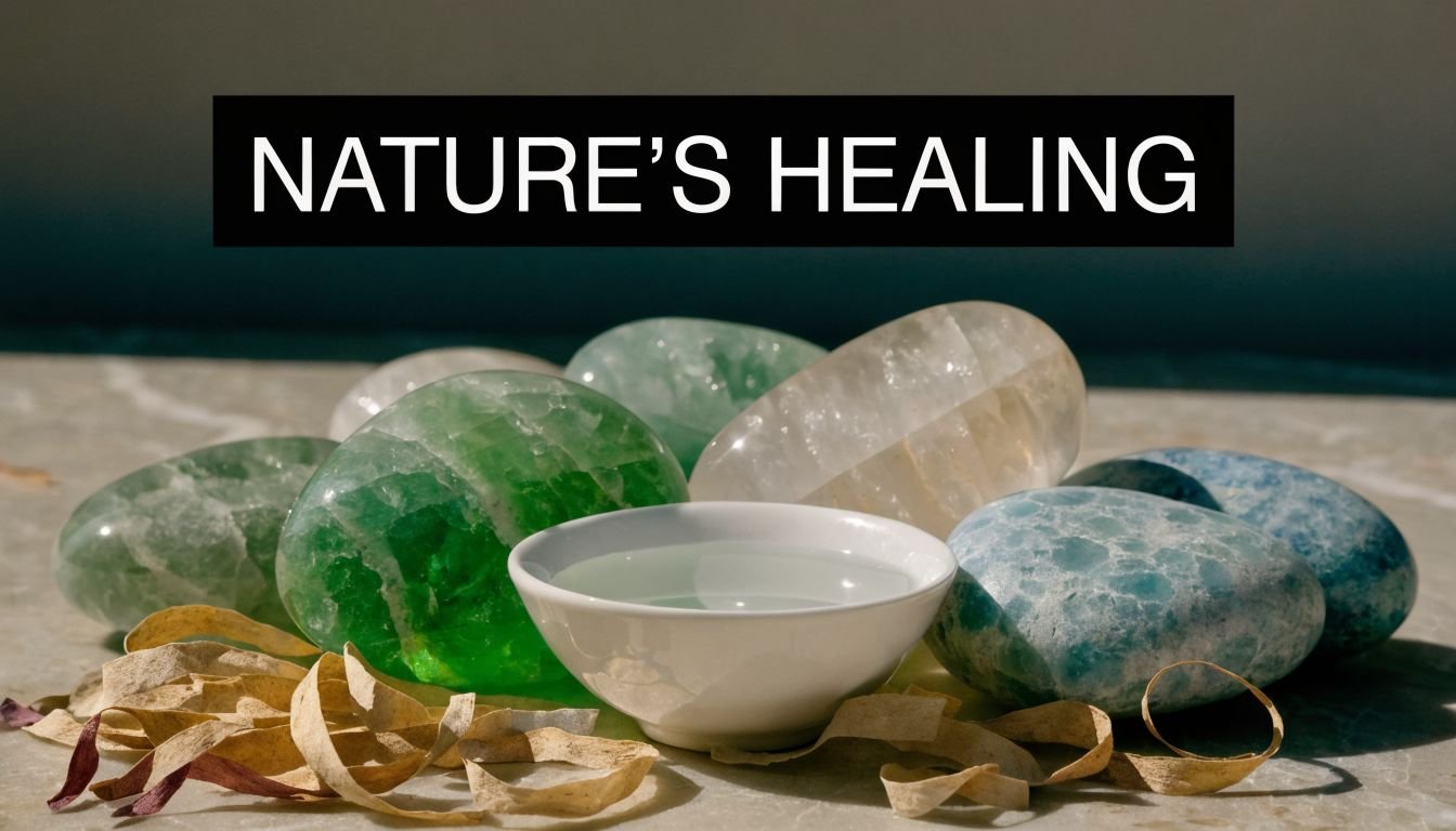 A close-up of smooth colorful crystals, a small white bowl of water, and dried leaves on marble.