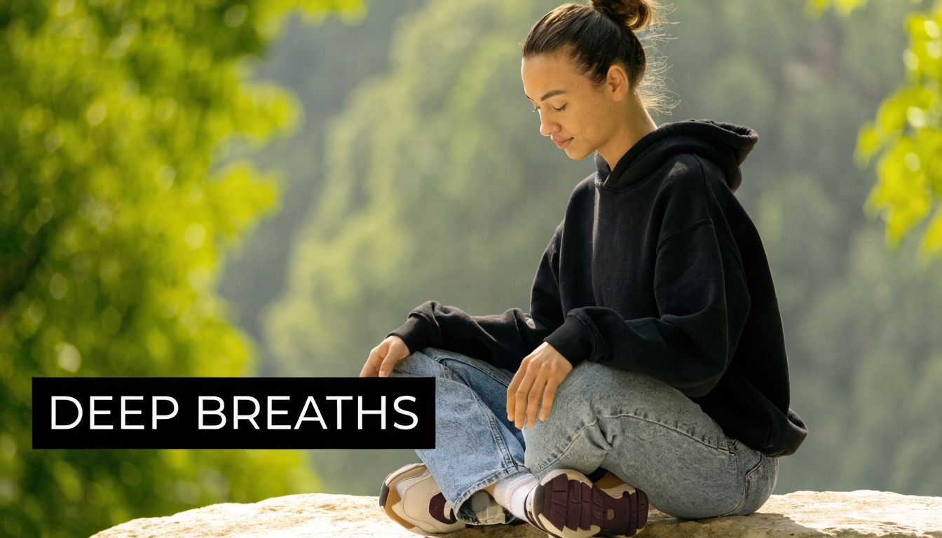 A woman sitting cross-legged outdoors in a peaceful meditation pose to release negative energy with deep breaths.