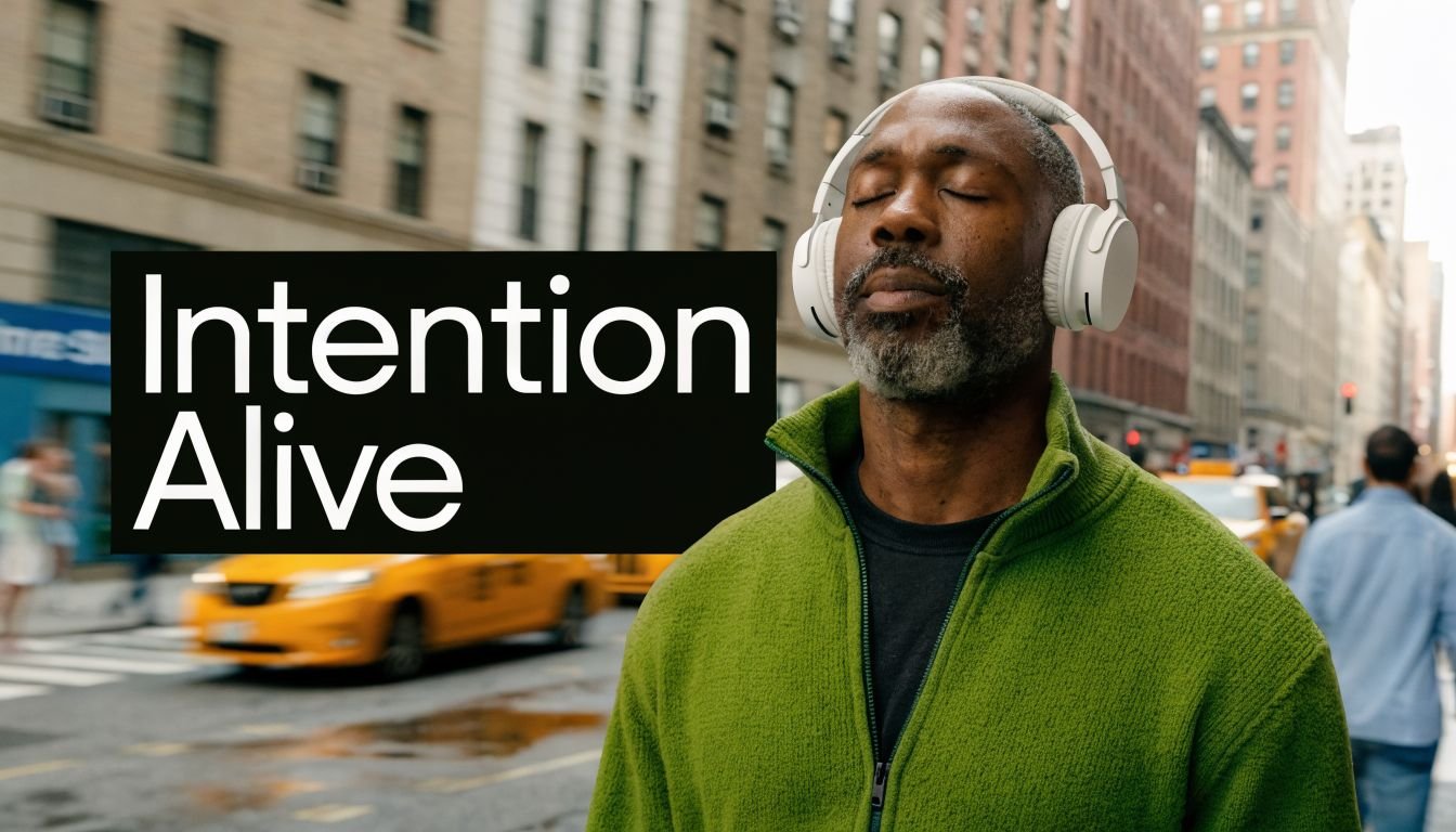 A middle-aged man wearing headphones meditating while standing on a busy city street in New York.
