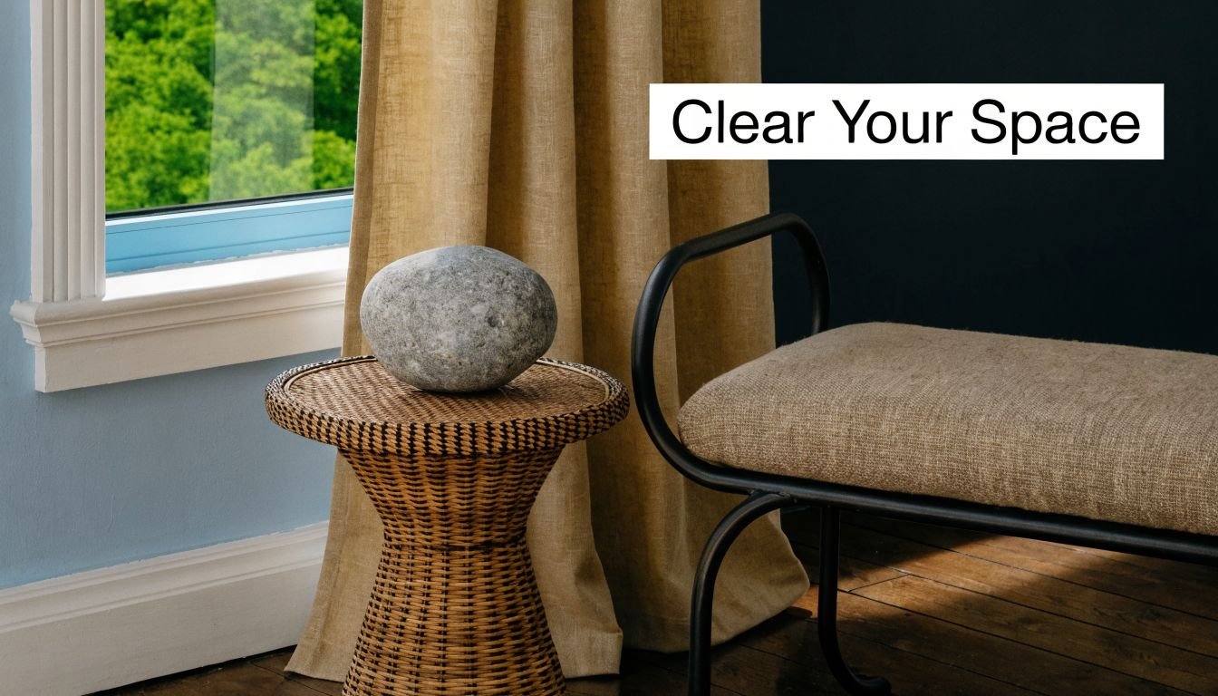 A minimalist room featuring a wicker stool with a smooth gray stone beside a cushioned bench.
