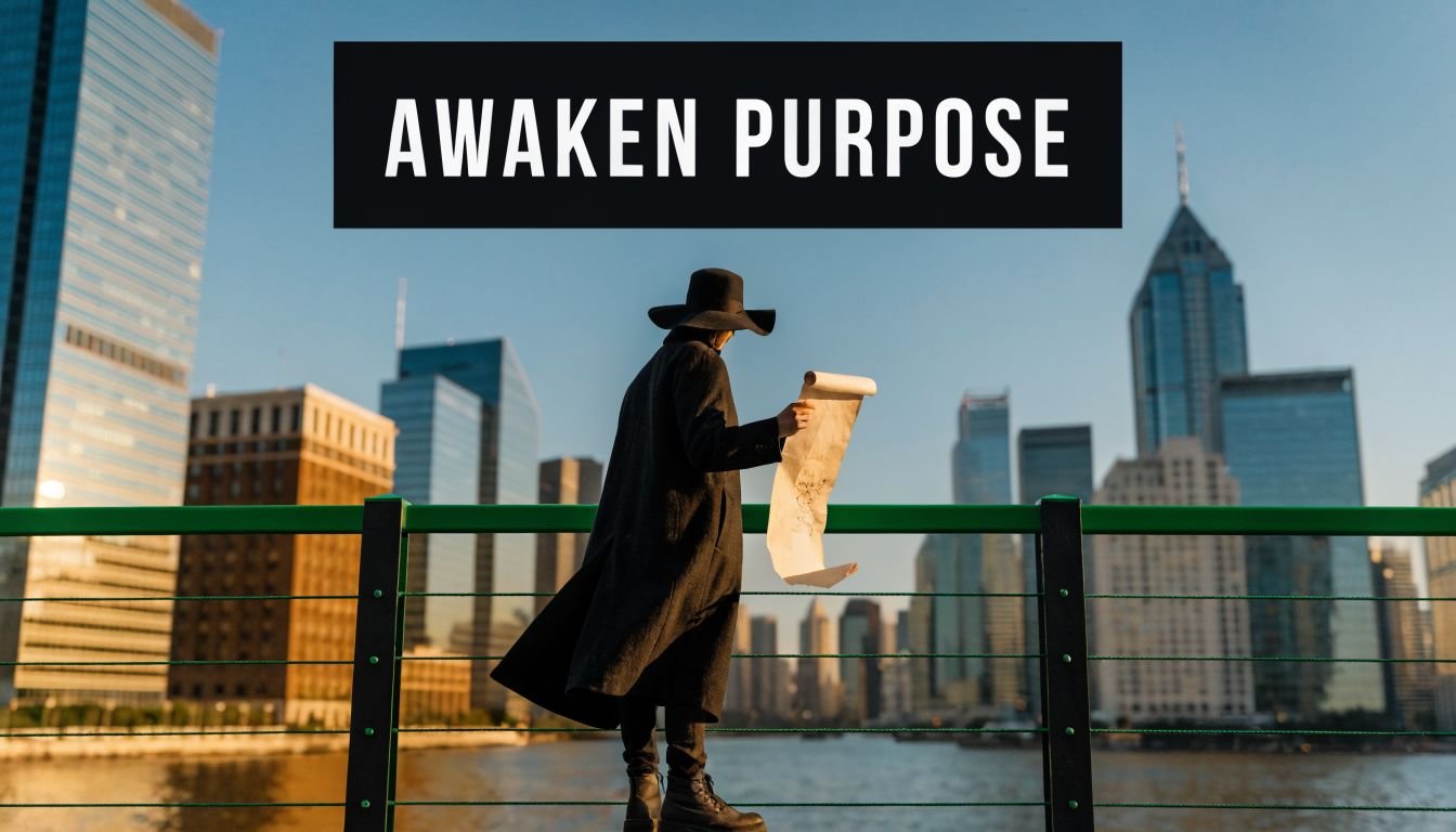 A person in a black coat and hat reads a scroll overlooking a modern city skyline.