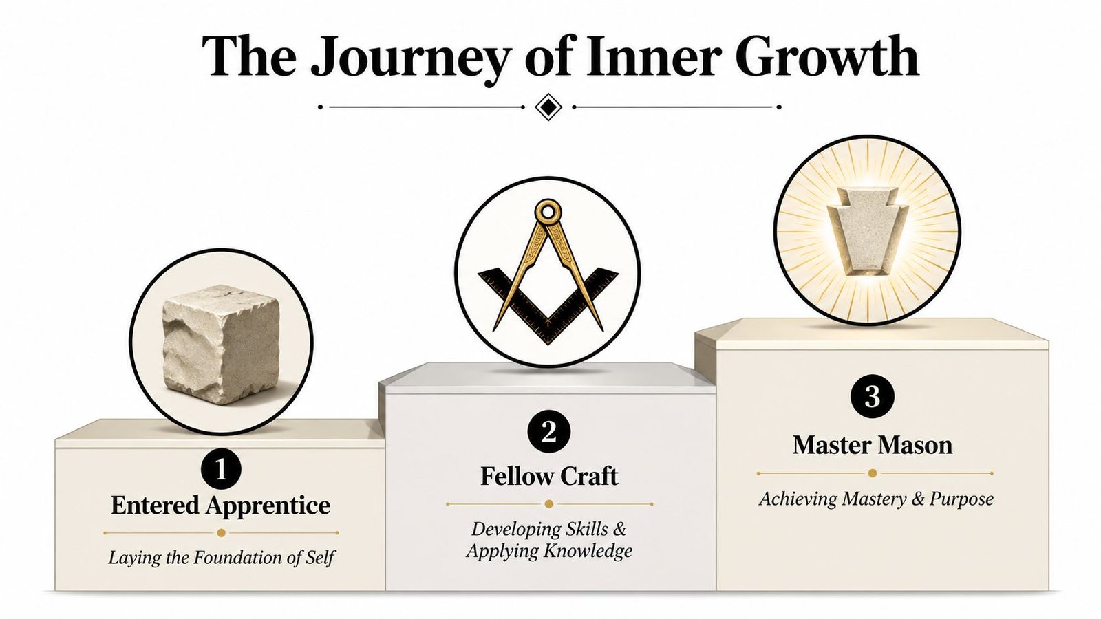 A graphic illustration depicting the three degrees of Masonic inner growth on tiered pedestals with symbolic imagery.