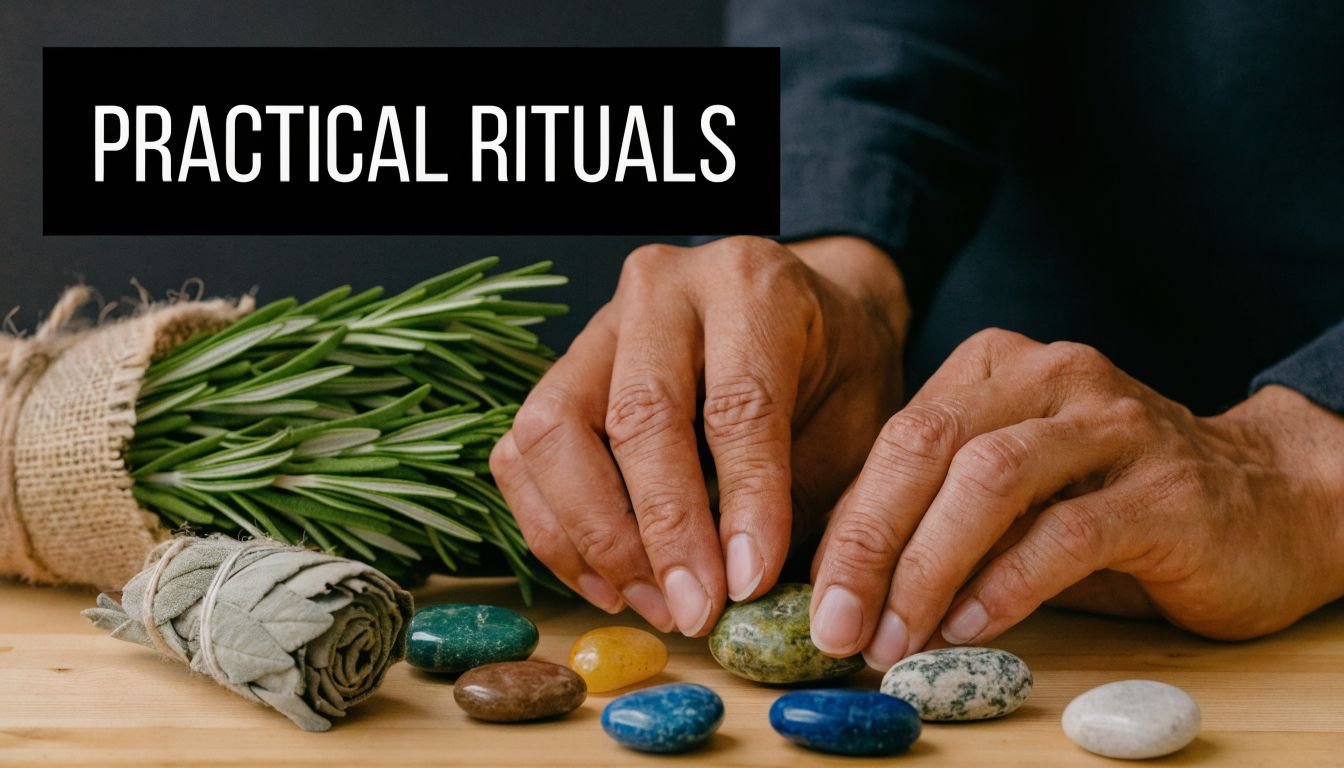 A person arranging colorful polished stones alongside a bundle of fresh rosemary and dried sage herbs.