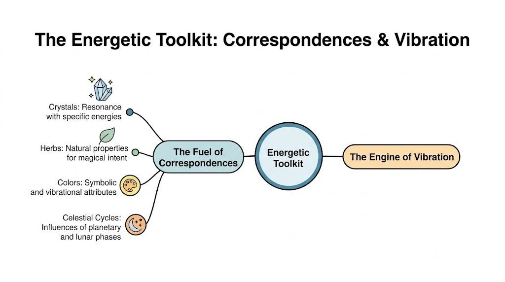 A diagram titled The Energetic Toolkit showing correspondences like crystals, herbs, colors, and celestial cycles.