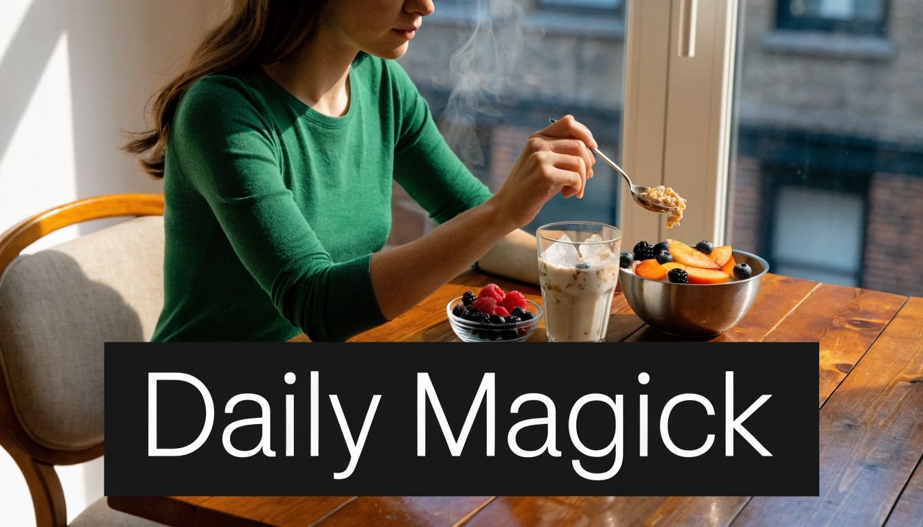 A woman in a green top eating a healthy breakfast bowl while sitting at a wooden table.
