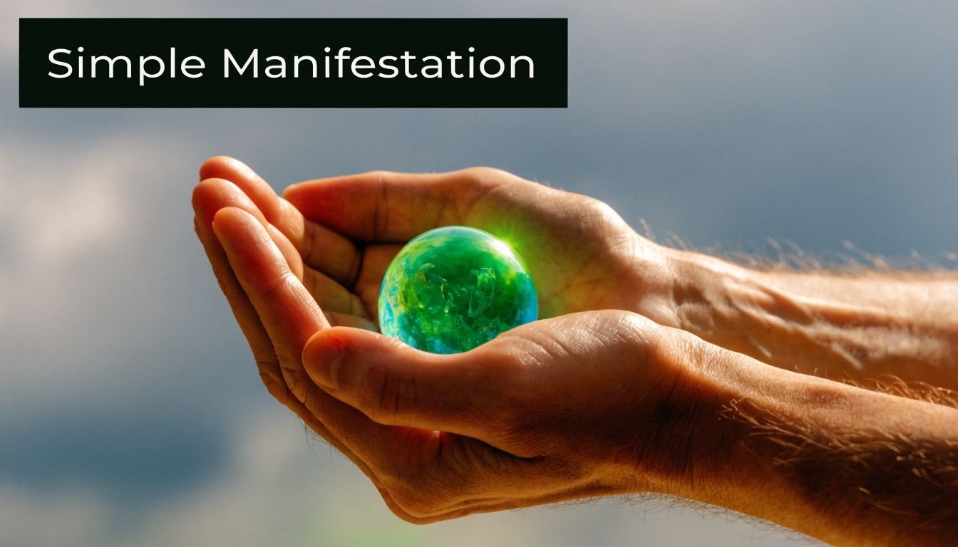 A pair of hands cupping a glowing, vibrant green earth-like sphere against a cloudy sky background.