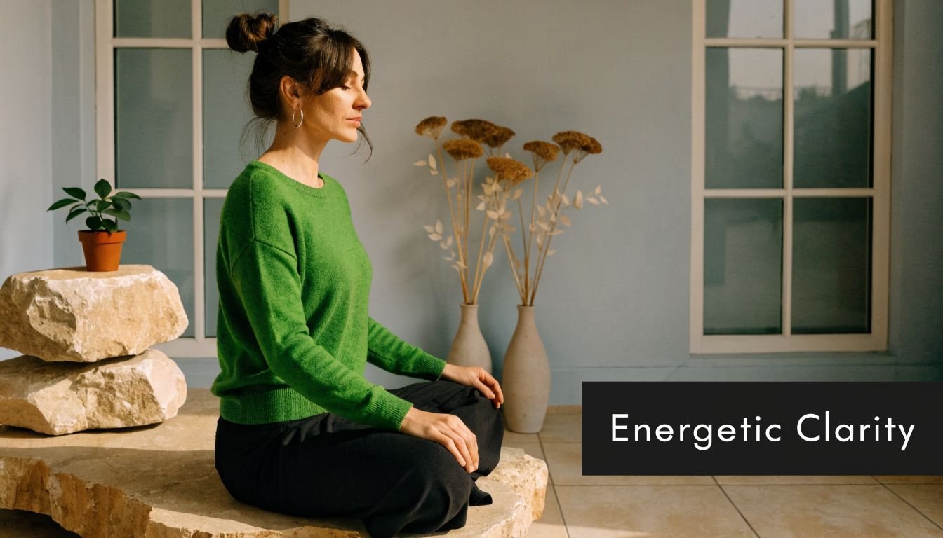 A woman in a green sweater sits in a meditative pose on a stone platform.