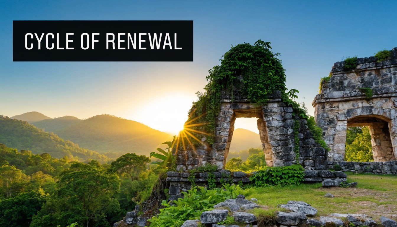 Ancient stone Mayan ruins overgrown with lush green foliage at sunset with mountains in the background