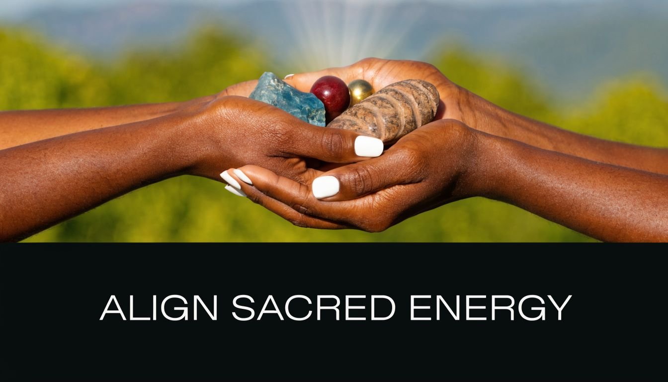 Two dark-skinned hands holding a collection of natural stones with the text Align Sacred Energy below.