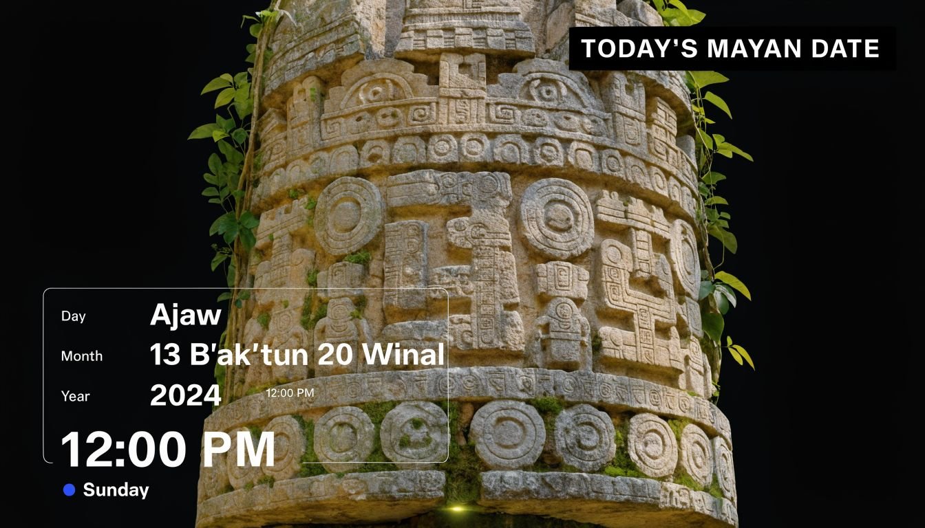 A close up view of an ancient Mayan stone pillar with carved symbols and a modern digital date overlay.