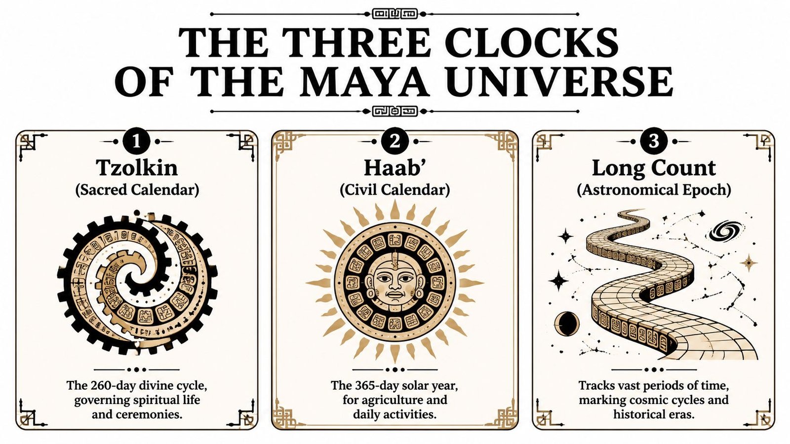 An infographic showing the three Maya calendars: Tzolkin, Haab, and the Long Count with descriptions.